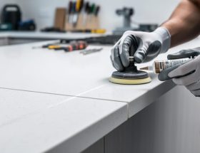 Close-up of a quartz countertop seam being polished by gloved hands, showing careful joint detailing and nearly invisible alignment.