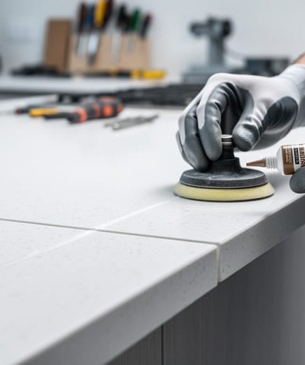 Close-up of a quartz countertop seam being polished by gloved hands, showing careful joint detailing and nearly invisible alignment.