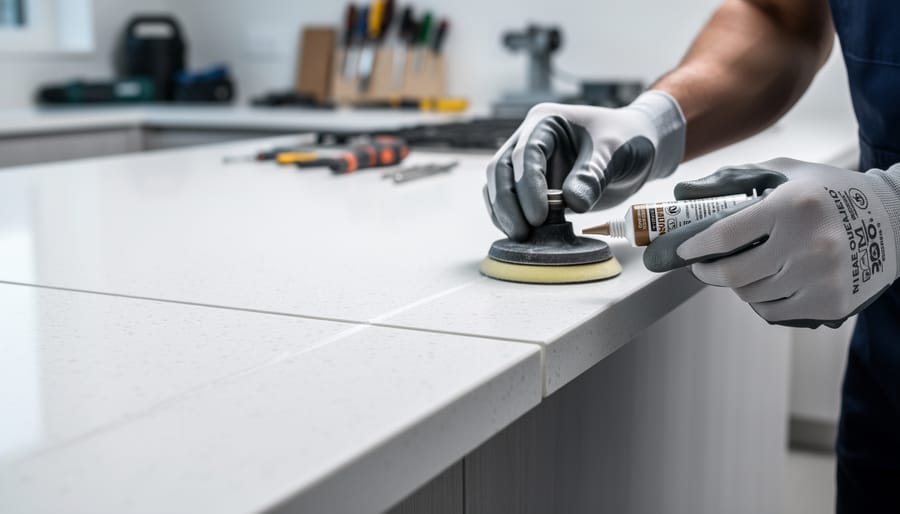 Close-up of a quartz countertop seam being polished by gloved hands, showing careful joint detailing and nearly invisible alignment.