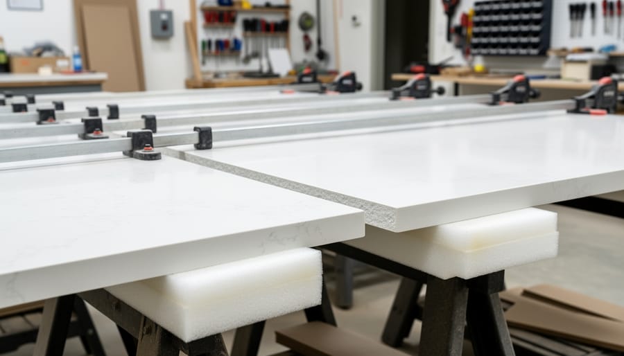 Quartz slabs being dry-fitted with clamps on padded supports in a kitchen work area