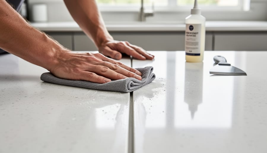 Installer wiping and finishing a quartz countertop seam with a microfiber cloth