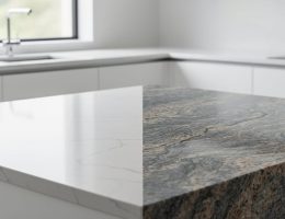 Adjacent quartz and granite countertop slabs shown in a modern kitchen, illustrating quartz’s consistent patterning versus granite’s natural mineral veining.