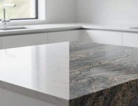 Adjacent quartz and granite countertop slabs shown in a modern kitchen, illustrating quartz’s consistent patterning versus granite’s natural mineral veining.