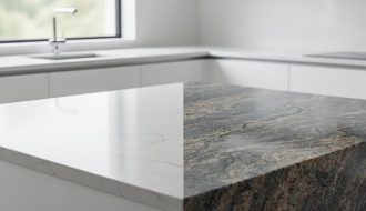 Adjacent quartz and granite countertop slabs shown in a modern kitchen, illustrating quartz’s consistent patterning versus granite’s natural mineral veining.