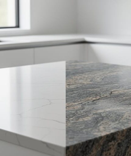 Adjacent quartz and granite countertop slabs shown in a modern kitchen, illustrating quartz’s consistent patterning versus granite’s natural mineral veining.
