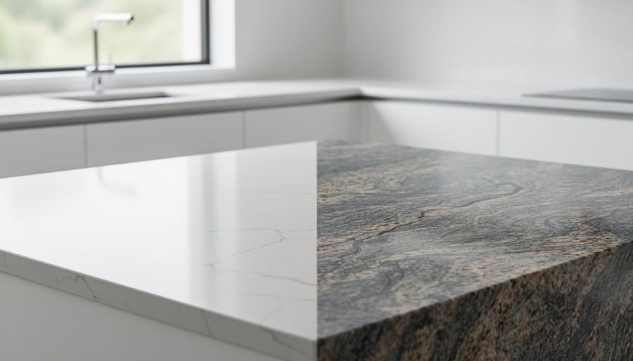 Adjacent quartz and granite countertop slabs shown in a modern kitchen, illustrating quartz’s consistent patterning versus granite’s natural mineral veining.
