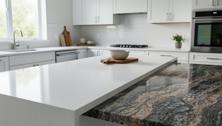 Quartz and granite countertops shown side by side in a modern kitchen setting.