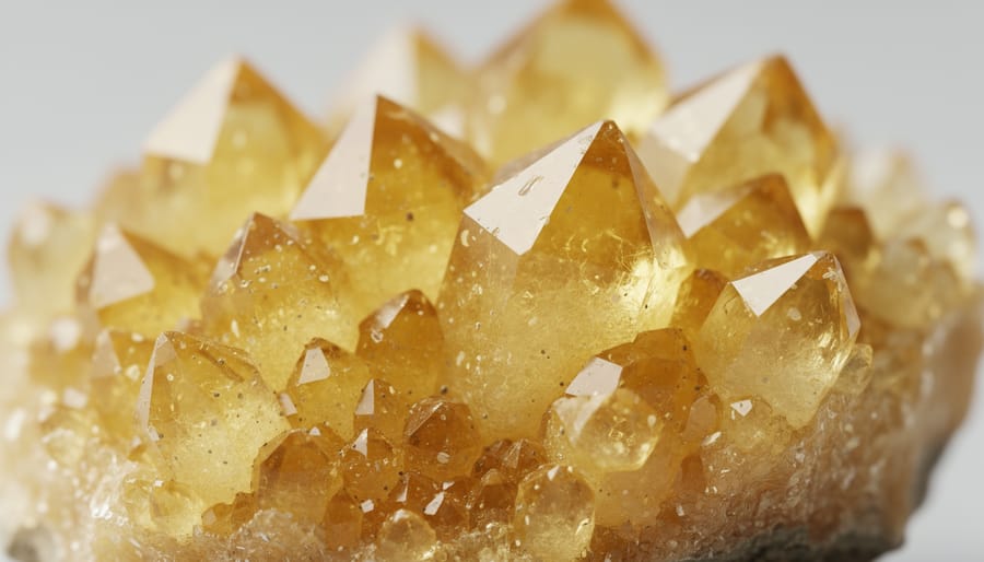 Macro photo of raw yellow citrine and yellow topaz crystals on dark slate.
