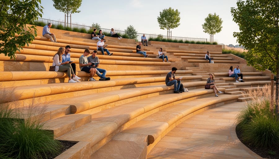 Sandstone amphitheater seating tiers in an urban park