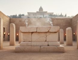 Weathered limestone altar and rock-hewn memorial pillars in an ancient sacred courtyard with the Jerusalem Temple silhouette in the background, evoking biblical festival worship.