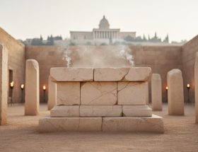 Weathered limestone altar and rock-hewn memorial pillars in an ancient sacred courtyard with the Jerusalem Temple silhouette in the background, evoking biblical festival worship.