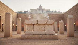 Weathered limestone altar and rock-hewn memorial pillars in an ancient sacred courtyard with the Jerusalem Temple silhouette in the background, evoking biblical festival worship.