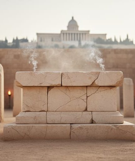 Weathered limestone altar and rock-hewn memorial pillars in an ancient sacred courtyard with the Jerusalem Temple silhouette in the background, evoking biblical festival worship.