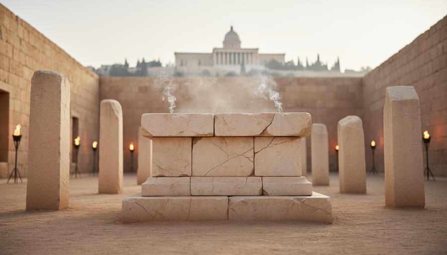 Weathered limestone altar and rock-hewn memorial pillars in an ancient sacred courtyard with the Jerusalem Temple silhouette in the background, evoking biblical festival worship.