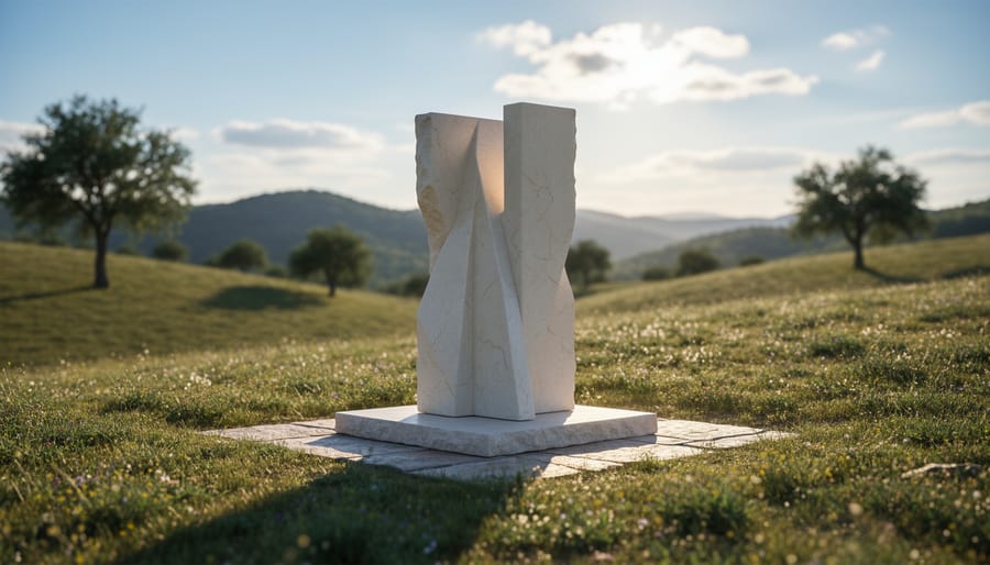 Large contemporary stone sculpture installed in a public park with trees and pathways in the background.