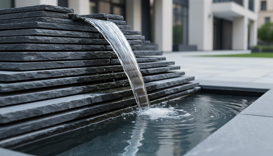 Slate fountain water feature with flowing stream in an urban setting