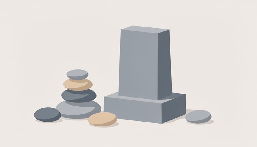 Stacked stones beside the base of an ancient stone monument in golden hour light