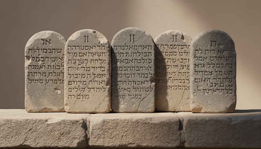 Close-up of carved stone tablets resting on a stone ledge during blue hour