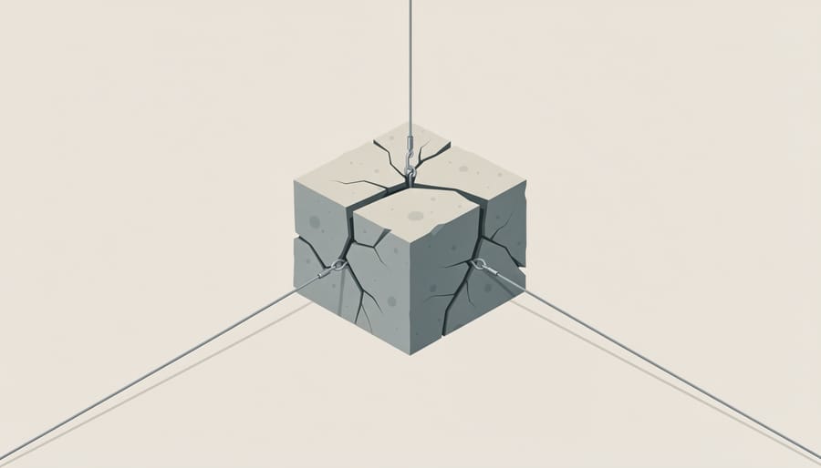 Stone slab held in an industrial testing setup with a tensioned cable lifting one edge
