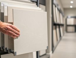 A hand pulls a tile sample from a sliding tile display rack in a modern retail showroom with other tile panels visible.