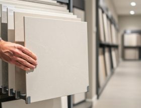 A hand pulls a tile sample from a sliding tile display rack in a modern retail showroom with other tile panels visible.
