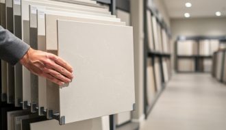 A hand pulls a tile sample from a sliding tile display rack in a modern retail showroom with other tile panels visible.