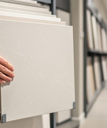 A hand pulls a tile sample from a sliding tile display rack in a modern retail showroom with other tile panels visible.