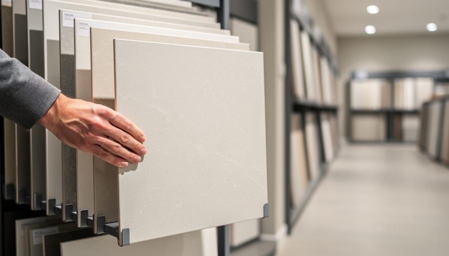 A hand pulls a tile sample from a sliding tile display rack in a modern retail showroom with other tile panels visible.