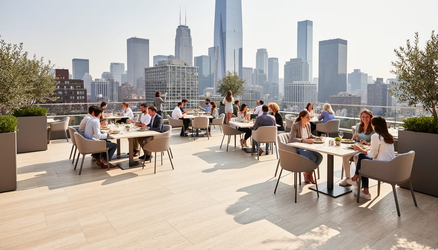 Travertine outdoor dining terrace with set tables in an urban area