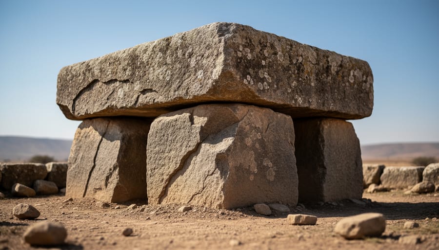 Unhewn stone altar blocks in a sacred courtyard with dramatic side lighting
