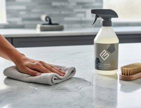 Close-up of a light-gray marble countertop being gently wiped with a microfiber cloth alongside stone-cleaning tools in a bright kitchen setting.