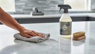 Close-up of a light-gray marble countertop being gently wiped with a microfiber cloth alongside stone-cleaning tools in a bright kitchen setting.