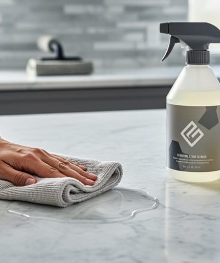 Close-up of a light-gray marble countertop being gently wiped with a microfiber cloth alongside stone-cleaning tools in a bright kitchen setting.