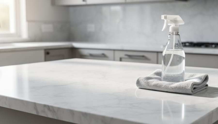 Marble countertop being cleaned with a microfiber cloth and spray bottle beside visible natural veining