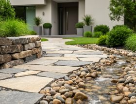 Contemporary urban courtyard landscape with a flagstone pathway, boulder retaining wall, and river-rock water feature beside modern home entry landscaping.
