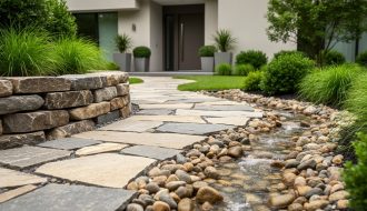 Contemporary urban courtyard landscape with a flagstone pathway, boulder retaining wall, and river-rock water feature beside modern home entry landscaping.