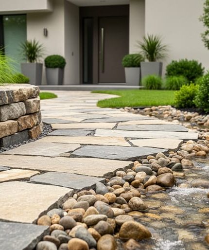 Contemporary urban courtyard landscape with a flagstone pathway, boulder retaining wall, and river-rock water feature beside modern home entry landscaping.