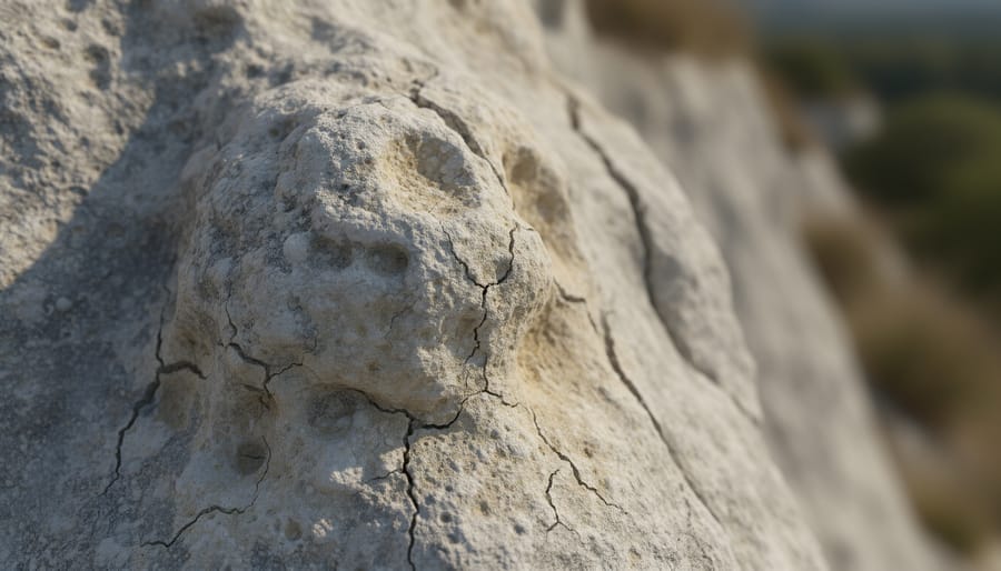 Weathered limestone facade showing surface deterioration and repaired areas