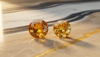 Close-up of polished yellow gemstones, including citrine and yellow sapphire, resting on a warm marble-like stone surface with golden reflections.