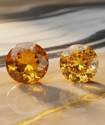 Close-up of polished yellow gemstones, including citrine and yellow sapphire, resting on a warm marble-like stone surface with golden reflections.