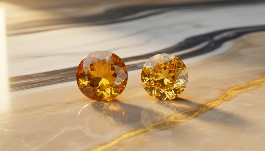 Close-up of polished yellow gemstones, including citrine and yellow sapphire, resting on a warm marble-like stone surface with golden reflections.