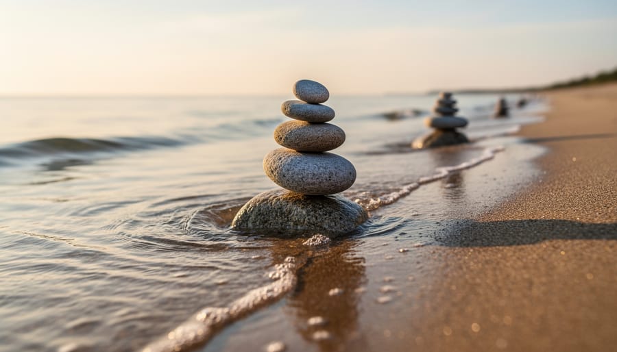 Balancing stones on wet sand near the shoreline after the tide recedes