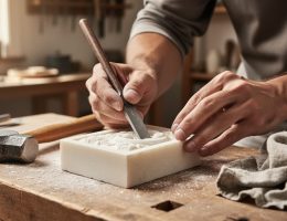 Close-up of hands carving a pale soapstone block with a carbide chisel and hammer on a workshop bench.