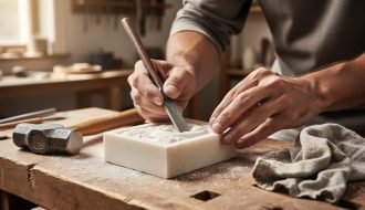 Close-up of hands carving a pale soapstone block with a carbide chisel and hammer on a workshop bench.
