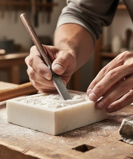 Close-up of hands carving a pale soapstone block with a carbide chisel and hammer on a workshop bench.