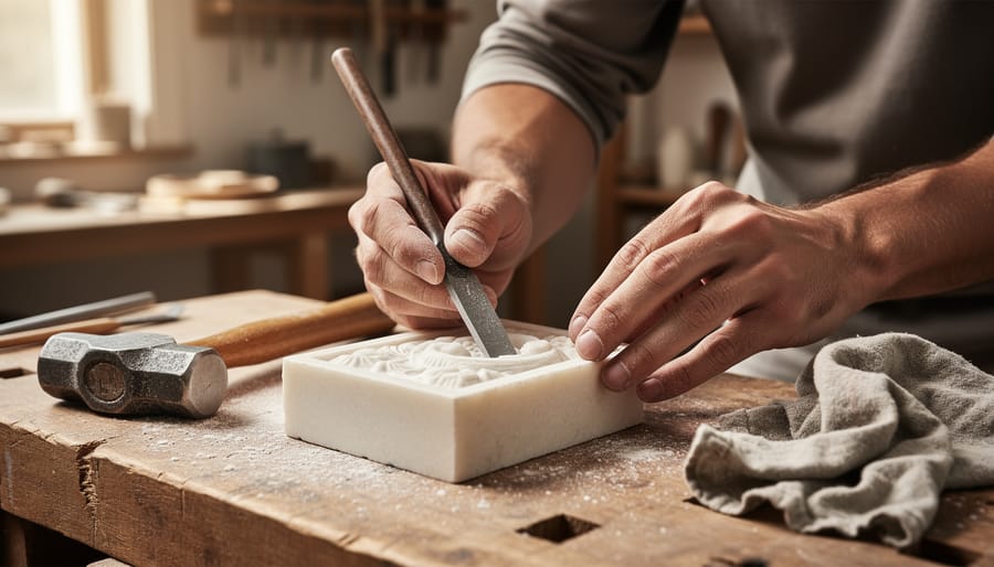 Close-up of hands carving a pale soapstone block with a carbide chisel and hammer on a workshop bench.