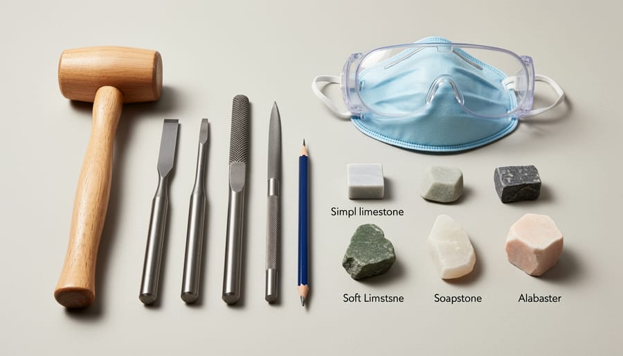 Starter stone carving tools, safety gear, and small stone blocks arranged on a wooden workbench.