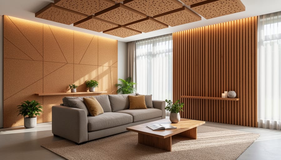 Wide view of a room with textured cork acoustic panels and a warm wooden ceiling