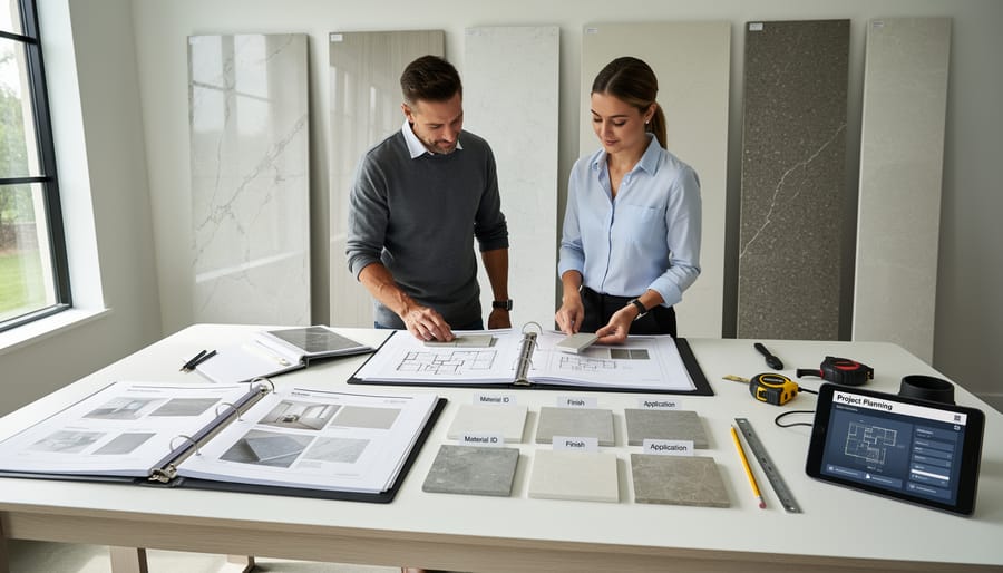 Architect inspecting a polished marble countertop and stone samples in a showroom