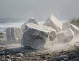 Low-angle view of rough-cut limestone blocks arranged on a misty shoreline, suggesting an ephemeral stone artwork exposed to wind and erosion.